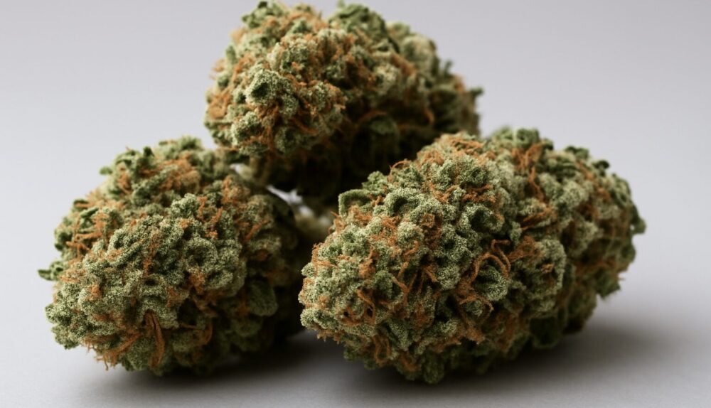 Close-up of several cannabis buds against a neutral background
