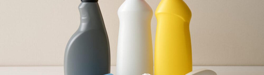 various cleaning supplies including spray bottles and cloths