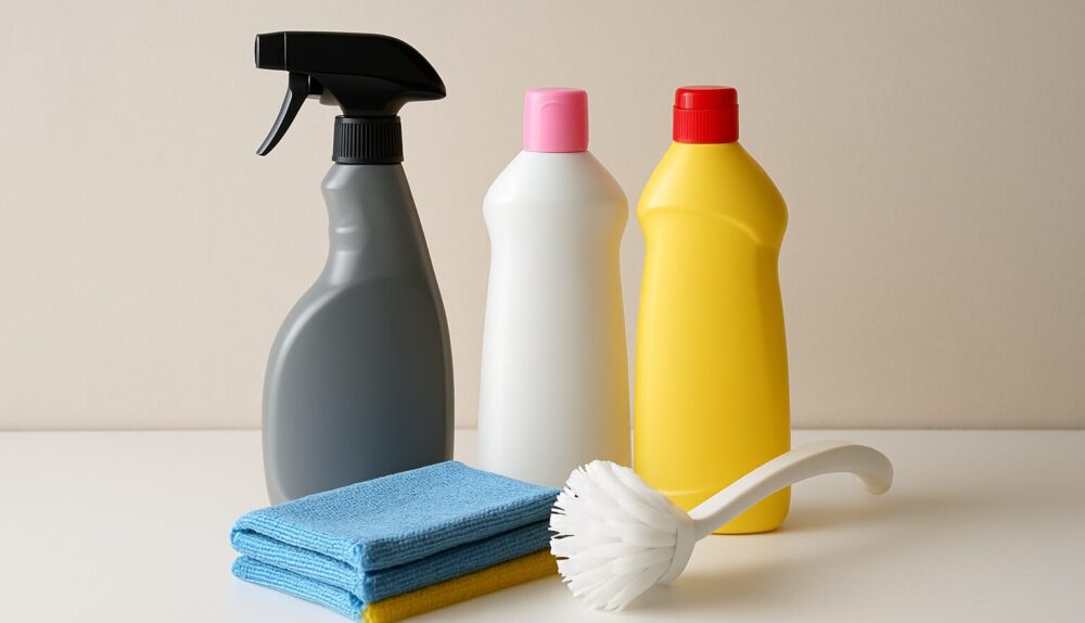 various cleaning supplies including spray bottles and cloths