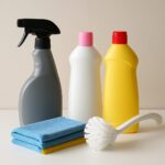 various cleaning supplies including spray bottles and cloths